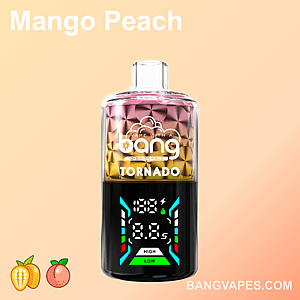 A Bang Tornado disposable vape with a yello and pink gradient design, digital display showing voltage and puff count, labeled "mango peach" and fruit icons at the bottom.