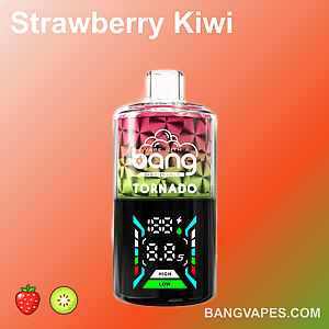 A Bang Tornado disposable vape with a red and blue gradient design, digital display showing voltage and puff count, labeled "Strawberry Kiwi" and fruit icons at the bottom.