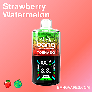 A Bang Tornado disposable vape with a red and blue gradient design, digital display showing voltage and puff count, labeled "strawberry watermelon" and fruit icons at the bottom.
