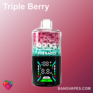 A Bang Tornado disposable vape with a red and blue gradient design, digital display showing voltage and puff count, labeled "triple berry" and fruit icons at the bottom.