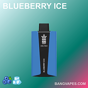 Waporyzator Bang King 30K Pro o smaku Blueberry Ice z niebiesko-czarnym wzorem na gradientowym tle w odcieniu turkusu.