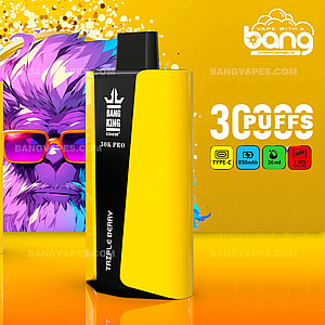 Appareil à vapotage jetable jaune avec la marque « Bang King 30K Pro », offrant 30 000 bouffées. Les caractéristiques comprennent un chargement de type C, une batterie de 850 mAh, une capacité de 36 ml, une bobine en maille et une résistance de 1,0 Ω.
