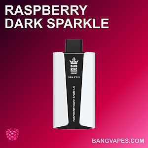 Urządzenie do waporyzacji o nazwie „Raspberry Dark Sparkle” firmy Bang King, model 30K Pro, na różowo-ciemnoczerwonym tle gradientowym z małą ikoną maliny i adresem URL witryny „BANGVAPES.COM” w prawym dolnym rogu.