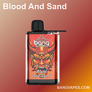 A vape device featuring a vibrant design with a red and orange background, showcasing a stylized illustration of a demon face and the text "Blood And Sand" prominently displayed.