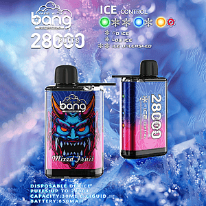 Werbebild des Bang Disposable Vape mit 28.000 Zügen, einstellbaren Eiskontrollstufen, 30 ml E-Liquid-Kapazität und einem 650 mAh-Akku, ausgestattet mit einem Design mit gemischtem Fruchtgeschmack.