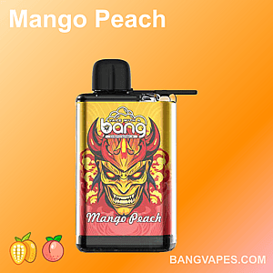A disposable vape device labeled "Bang Mango Peach" with a colorful design featuring a red demonic face and vibrant orange background.
