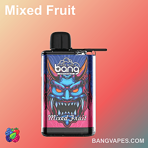 "Bang disposable vape with a mixed fruit flavor design featuring a colorful demon graphic on the packaging."