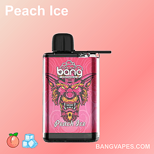 A disposable vape labeled "Peach Ice" with a pink demon design on the packaging.