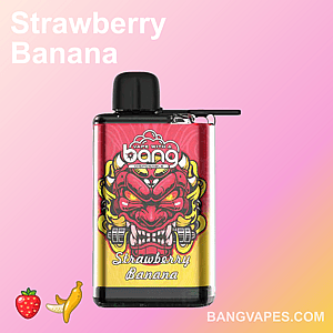 A colorful disposable vape device with a design featuring a red and yellow demon face, labeled "Strawberry Banana" on the front. The background gradient transitions from pink to yellow.