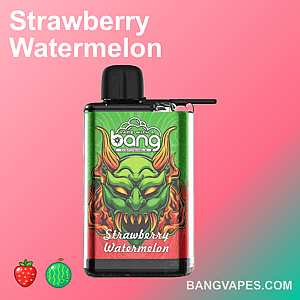 A disposable vape device with a green and red design featuring a stylized demon graphic, labeled "Strawberry Watermelon" and "Bang Vapes."
