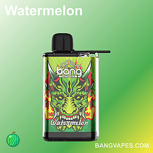 "Bang 28K Puffs Watermelon disposable vape with a vibrant green and red dragon-themed design on a green gradient background."