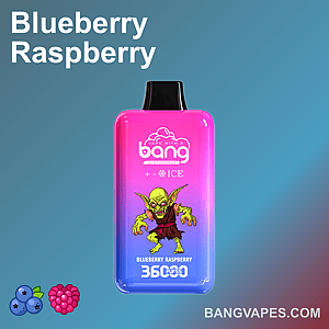 A colorful vape device labeled "Blueberry Raspberry" with a cartoon goblin character, set against a gradient background. Blueberry and raspberry icons are displayed on the left.