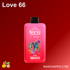 A pink disposable vape device labeled "Love 66" with colorful graphics and the text "VAPE WITH A bang" and "+ ICE" on it, set against a red background.