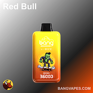 A colorful vape device with a gradient yellow and orange design featuring a cartoon character with green skin and a black jacket skating on a skateboard, labeled "Red Bull" and "ICE."
