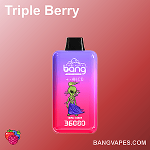 A colorful disposable vape with the label "Triple Berry" and an illustration of a green alien character, set against a gradient pink background.
