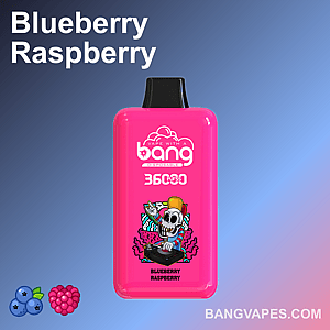 A bright pink disposable vape device with "Bang" branding, labeled "Blueberry Raspberry," featuring a skeleton DJ illustration and a 3600 puff capacity.