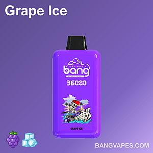 Purple disposable vape device labeled "Bang Grape Ice 3600 Puffs" featuring a colorful design of a skeleton in a boat with a tropical background.