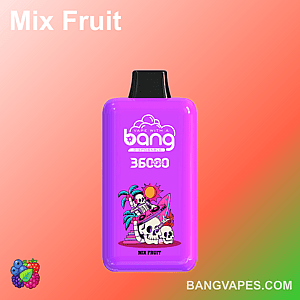 Purple disposable vape device labeled "Bang Disposable 3600 Puffs Mix Fruit" with colorful artwork of skeletons, tropical elements, and skulls against a gradient background.