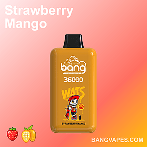 A yellow disposable vape device labeled "Bang" with "Strawberry Mango" flavor, featuring a graphic of a skateboarding skeleton in a red cap, alongside strawberries and mango icons on a gradient pink background.