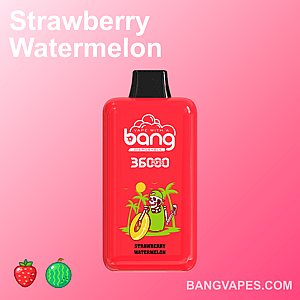 A red disposable vape device labeled "Bang" with "Strawberry Watermelon" flavor, featuring a skeleton holding a drink under a palm tree on the design.