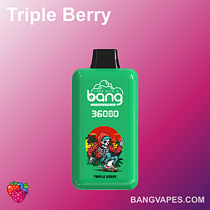 Green disposable vape device labeled "Bang Disposable" with "Triple Berry" flavor, featuring a colorful design of a skateboarding skeleton in a hoodie.