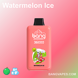 A pink disposable vape labeled "Bang" with "Watermelon Ice" flavor, featuring a skeleton surfing design and a claim of 360 puffs, set against a gradient pink background.