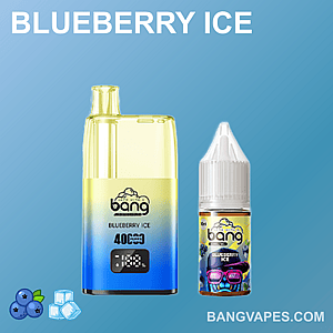 Un anuncio que presenta productos de vapeo "Blueberry Ice", incluido un dispositivo de vapeo desechable y una botella de e-líquido, sobre un fondo azul degradado con íconos de arándanos y cubitos de hielo.