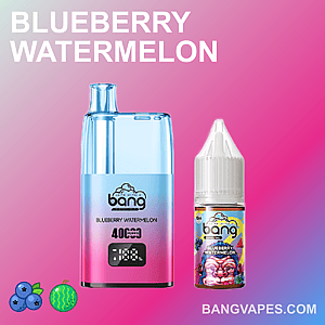 Un dispositivo de vapeo y una botella de e-líquido con la etiqueta "Blueberry Watermelon", sobre un fondo rosa degradado, con pequeños íconos de un arándano y una sandía en la parte inferior izquierda.