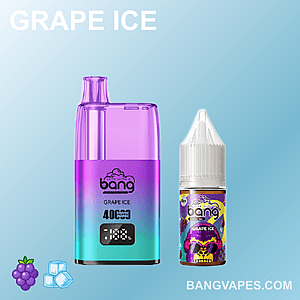 Un gráfico que presenta un dispositivo de vapeo y una botella de e-líquido, ambos etiquetados "Grape Ice", con tonos morados y azules, acompañados de íconos de uvas y cubitos de hielo.