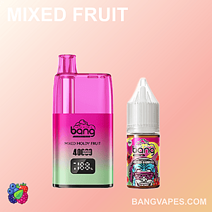 Una imagen que muestra un dispositivo de vapeo rosa y verde con la etiqueta "Mixed Moldy Fruit" junto a una pequeña botella de e-líquido decorada con gráficos coloridos y la etiqueta "Mixed Berries". El fondo es un degradado suave.