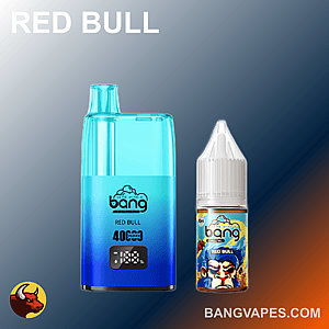 Imagen de un dispositivo de vapeo Bang azul etiquetado "Red Bull 4000" junto a una pequeña botella de e-líquido con ilustraciones coloridas y el texto "Bang Red Bull", con un fondo degradado de gris a naranja y la URL del sitio web "bangvapes.com".