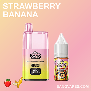Una imagen colorida que muestra un dispositivo de vapeo y una botella de e-líquido, ambos etiquetados "Strawberry Banana", sobre un fondo rosa degradado.
