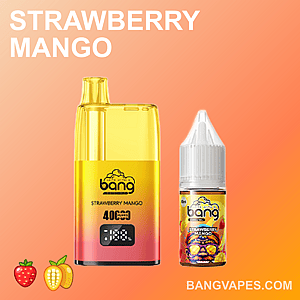 Una ilustración que muestra un dispositivo de vapeo amarillo y rosa etiquetado como "Strawberry Mango" junto a una pequeña botella de e-líquido con la misma etiqueta, sobre un fondo naranja degradado, con emojis de fresa y mango en la parte inferior izquierda.