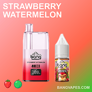 Imagen promocional con un fondo degradado de color rosa y dos productos: un dispositivo de vapeo con la etiqueta "Strawberry Watermelon" y una botella de e-líquido con el mismo sabor. En la parte inferior hay iconos de una fresa y una sandía.