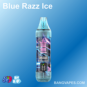 Appareil à vapotage Blue Razz Ice étiqueté « Bang King Tornado », doté de 35 000 bouffées, avec un fond dégradé bleu et des graphismes de glaçons et de baies.