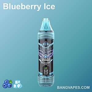 Produit de vapotage Blueberry Ice avec 35 000 bouffées, de marque Bang King Tornado, sur un fond dégradé bleu avec des icônes de myrtille et de glaçon.