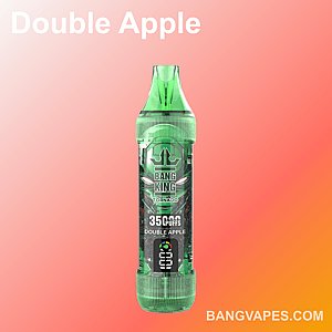 Appareil à vapotage Double Apple, 3500 bouffées, de marque Bang King Tornado, affiché sur un fond rouge dégradé avec « BANGVAPES.COM » en bas.