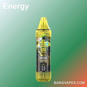 Une vape jetable Bang King Tornado étiquetée « Energy » avec 35 000 bouffées, avec un design jaune et un fond vert, marquée « BANGVAPES.COM ».