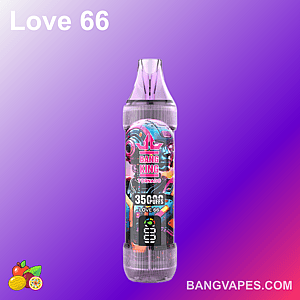 Un appareil à vapotage étiqueté « Bang King Tornado » avec la saveur « 3500 Puffs » et « Love 66 », présentant des illustrations futuristes, sur un fond dégradé violet avec des icônes de fruits en bas.