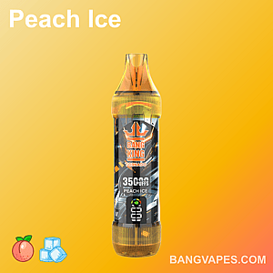 Appareil de vapotage aromatisé à la pêche glacée, de marque Bang King Tornado, doté de 35 000 bouffées, affiché sur un fond dégradé jaune avec des icônes de pêche et de glaçon.