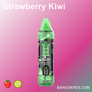 Appareil de vapotage Strawberry Kiwi, 3500 bouffées, de marque Bang King Tornado, affiché sur un fond dégradé rose avec des icônes de fraise et de kiwi et « BANGVAPES.COM » en bas.
