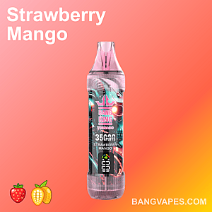 Un appareil à vapotage étiqueté « Bang King Tornado » avec une saveur fraise-mangue, offrant 3 500 bouffées, sur un fond rose-orange dégradé avec des icônes de fraise et de mangue.