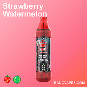 Un appareil à vapotage Bang King Tornado au goût de fraise et de pastèque avec 35 000 bouffées, affiché sur un fond dégradé rose avec des icônes de fraise et de pastèque.