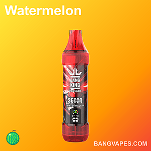 Une vape Bang King Tornado rouge avec une saveur « 35 000 bouffées » et « Pastèque » sur un fond orange vibrant.