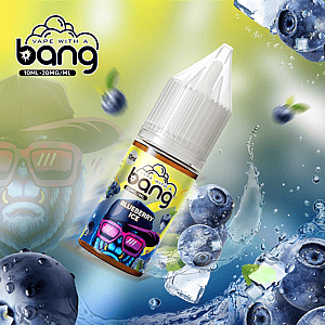 A bottle of blueberry ice-flavored vape liquid with a colorful label featuring a stylized design of a character in sunglasses, surrounded by blueberries, ice cubes, and water splashes.
