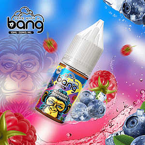 A bottle of blueberry raspberry vape juice with vibrant branding, surrounded by blueberries, raspberries, and splashes of liquid, with a stylized monkey face in the background.