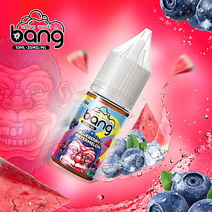 A bottle of Bang vape juice with blueberry and watermelon flavor, surrounded by blueberries, watermelon slices, ice cubes, and splashes of water, set against a vibrant red background.