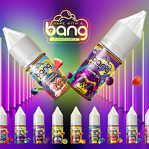 ブルーベリー・スイカやグレープアイスなど、鮮やかなフルーツをテーマにしたフレーバーの「Bang Disposable」ラベル付きベイプ製品をフィーチャーしたカラフルなプロモーション画像。ネオンライトとフルーツのイラストが描かれた明るいグラデーションの背景。