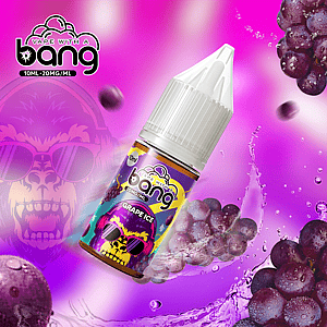 A bottle of grape ice vape juice with vibrant branding, surrounded by grapes and splashes of liquid, featuring a stylized monkey face wearing sunglasses in the background.