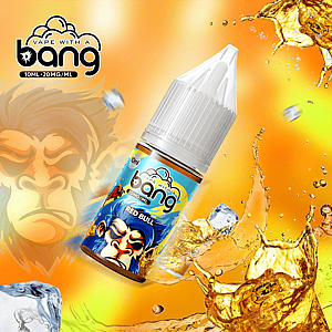 A vape juice bottle with a gorilla graphic, labeled "bang" and "Red Bull," set against a bright orange background with splashes of liquid and ice cubes.